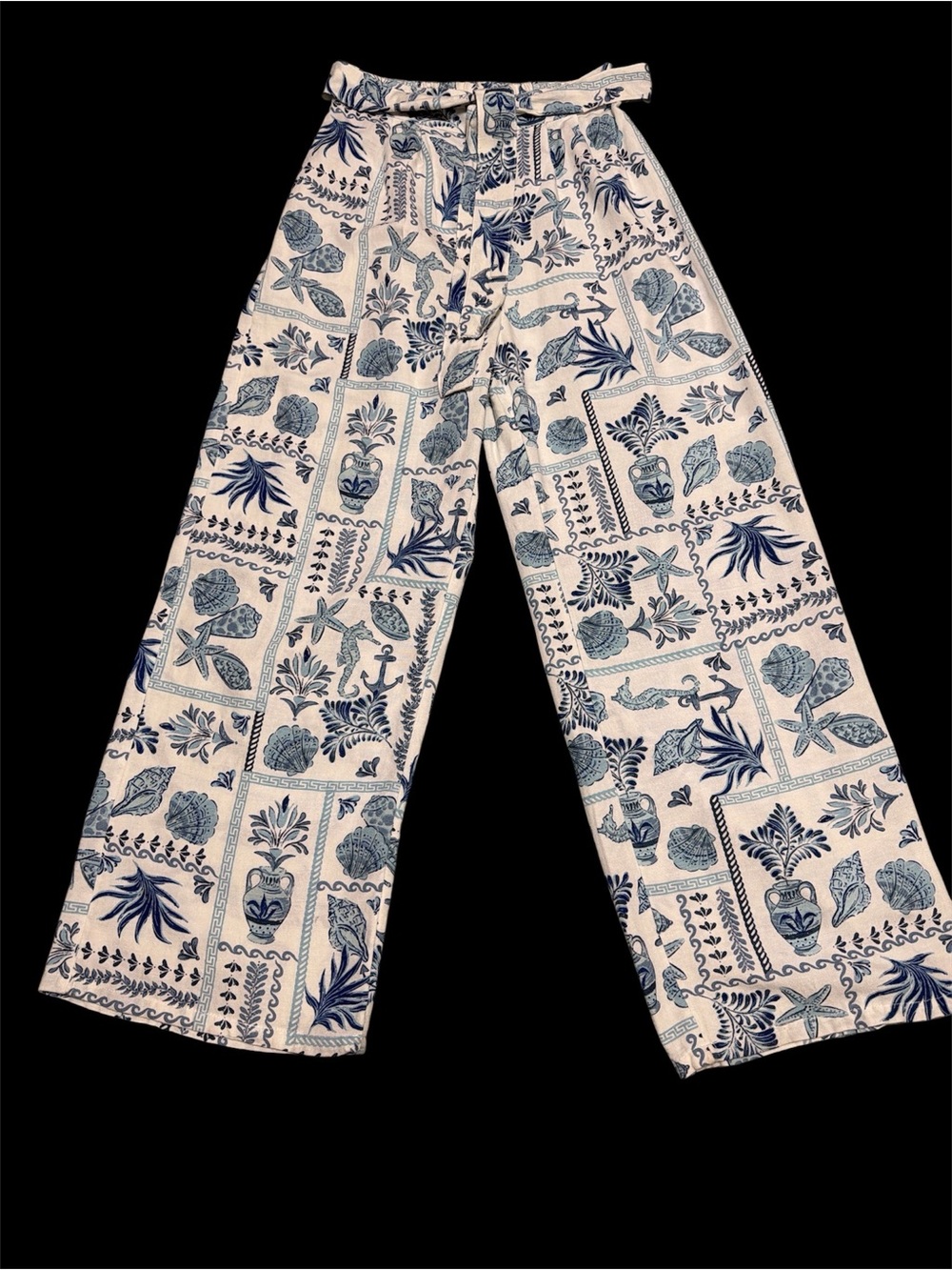 High-Waist Wide Leg Printed Linen Pants - Blue & White
